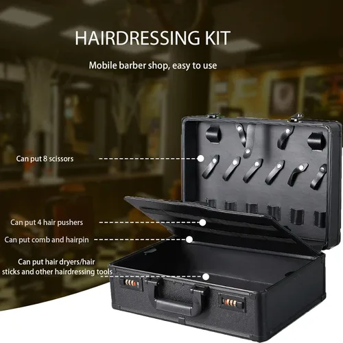 Vista 6 de Estuche de peluquero portátil para cortapelos y suministros, doble capa grande, herramientas de viaje, caja organizadora, kit de peluquería Negro