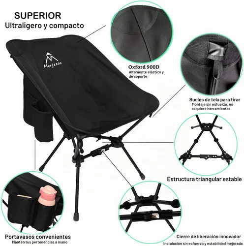 Vista 5 de Silla portátil para camping, silla de mochilero, silla plegable ultraligera, compacta, sillas plegables ligeras para senderismo, montañismo, playa
