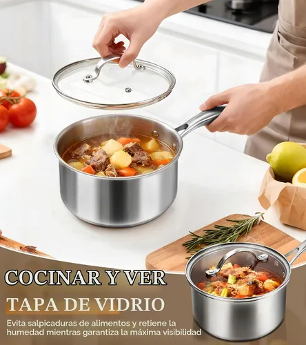 Vista 8 de Juego de cacerolas de acero inoxidable con tapas de 1.5 cuartos y 2.2 cuartos de galón, juego de ollas de acero inoxidable de tres capas, cacerolas