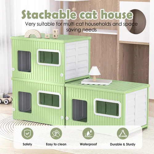 Vista 4 de Casa resistente a la intemperie para gatos al aire libre con ventanas, refugio elevado de plástico impermeable para gatos, casa para mascotas