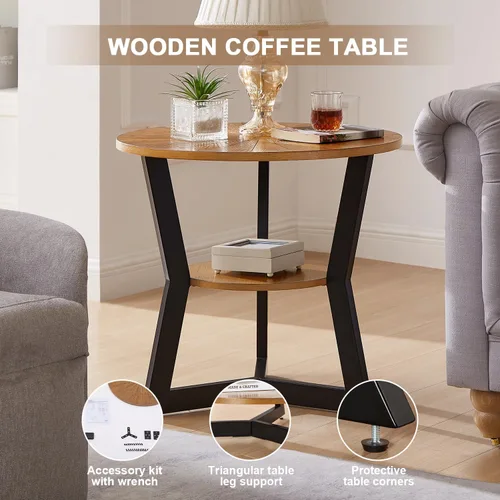 Vista 6 de Mesa auxiliar, mesa auxiliar redonda de madera para sala de estar con mesa de 2 niveles con estante de almacenamiento, diseño de soporte triangular