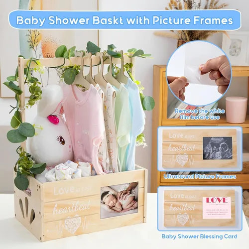 Vista 4 de Armario de madera para baby shower, cesta de baby shower personalizada con corona y colgador, marco de fotos de ecograma Love at First Sight de Love