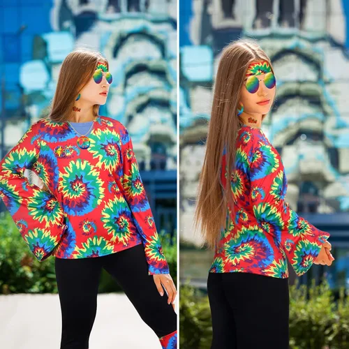 Vista 5 de Jiuguva Conjunto de 17 piezas de disfraz hippie de los años 60 y 70 para mujer, vestido de discoteca, pantalones bohemios, acampanados, camisa