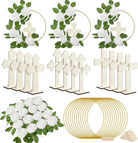 Vista 14 de Wesiti 48 piezas Centro de mesa para bautizo, decoración de mesa para primera comunión, 12 cruces de madera, 12 aros florales con soporte, 24 rosas