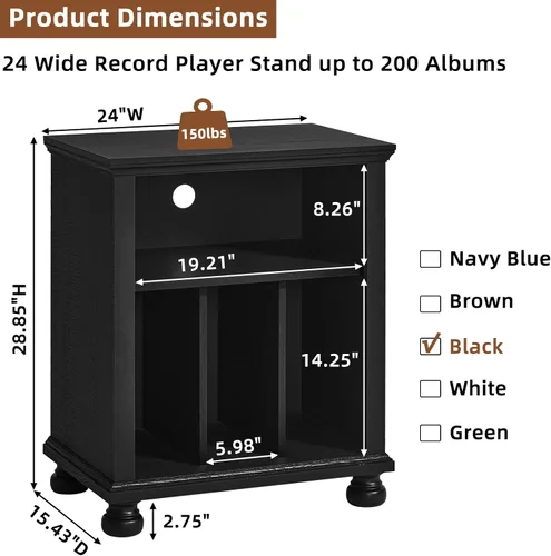 Vista 2 de Joaxswe - Soporte para tocadiscos de 24 pulgadas de ancho con almacenamiento de discos de vinilo, color negro Mid-Century Record Player Table Up