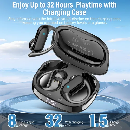 Vista 5 de Auriculares de oreja abierta, auriculares inalámbricos Bluetooth 5.4 con ganchos para los oídos, auriculares estéreo de alta fidelidad de 32 horas