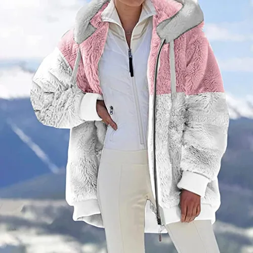 Vista 2 de Abrigo de lana de cordero en contraste para mujer, acolchado de moda para otoño e invierno, holgado, de felpa, resistente al viento, con capucha
