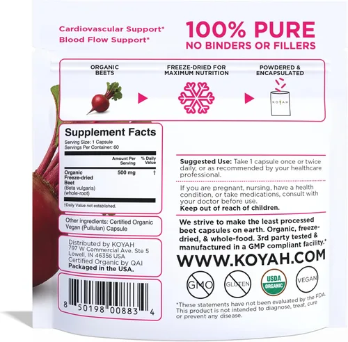 Vista 2 de KOYAH - Cápsulas de remolacha orgánica, liofilizadas: 60 Cápsulas 500 mg por cápsula, raíz de remolacha entera - Apoyo cardiovascular y apoyo al