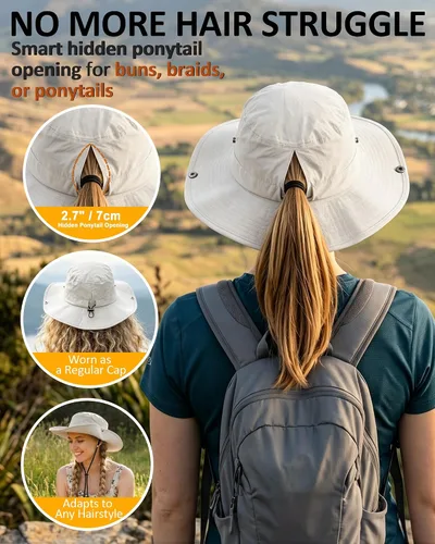 Vista 2 de Sombrero de sol para mujer con agujero para cola de caballo, ala ancha, UPF 50+, impermeable, plegable, con correa para la barbilla, para Blanco
