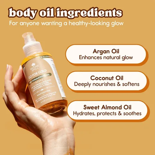 Vista 5 de Nature Spell Aceite seco brillante para cuerpo y cara, hidratante ligero con acabado brillante, infundido con aceites de argán y coco, vegano