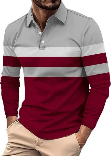 Vista 17 de Camisas polo de manga larga con estampado a rayas para hombre, camiseta de golf para exteriores, cuello en V, camiseta clásica de negocios