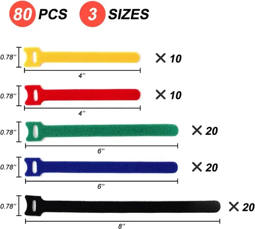 Vista 3 de 80 bridas de cables de fijación reutilizables, lazos ajustables de gancho y bucle, lazos multiusos para organización de cables, envolturas de cables