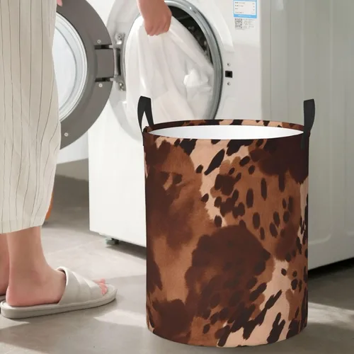 Vista 7 de brown cowhide art print Circular Hamper Waterproof Storage Bin Organizer Basket Laundry Hamper With Handles For Clothes Toys Small
