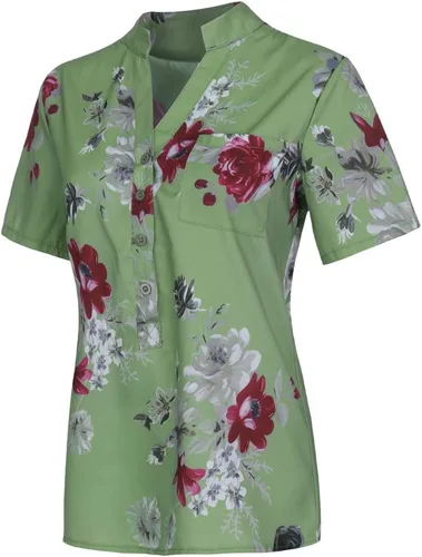 Vista 3 de LISTHA Blusa floral de verano para mujer, con bolsillo, manga corta, botones, cuello en V