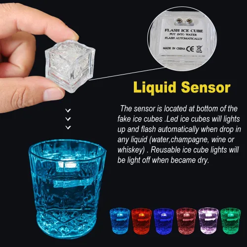 Vista 2 de Paquete de 120 cubitos de hielo iluminados, cubitos de hielo LED que brillan para bebidas con sensor de líquido, luces LED impermeables multicolor