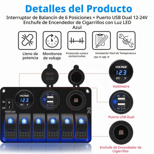 Vista 4 de FXC Panel de interruptor basculante de barco marino impermeable de 6 bandas con enchufe de ranura USB doble de 3.1 A + encendedor de cigarrillos +