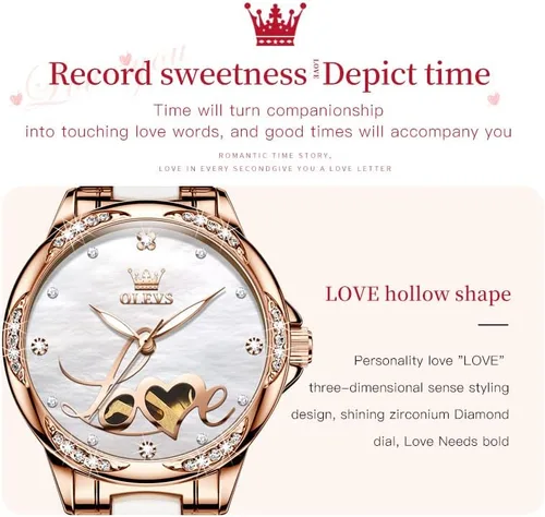 Vista 5 de OLEVS Relojes automáticos para mujer de cuerda automática vestido de lujo de oro rosa diamante blanco cerámica para mujer reloj de pulsera con fecha