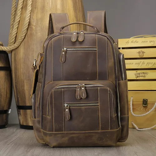 Vista 8 de BOSTANTEN Mochila de cuero para hombres 15.6 pulgadas mochila portátil vintage viaje oficina bolsa de hombro gran capacidad, Z-café claro, Mochilas