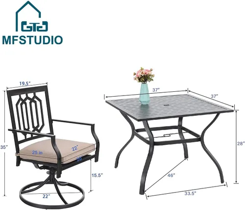 Vista 9 de MFSTUDIO Juego de mesa de comedor para patio al aire libre con paraguas, 4 sillas giratorias y 1 x 37 cuadrado Bistro forjado Iorn Slat mesa grande