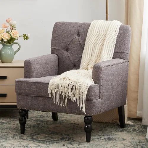 Vista 13 de HUIMO Silla de Club Acolchada, Silla de Acento con Almohada Lumbar, Sillón Tapizado con Botones, Sillas de Sofá de Tela de Lino para Dormitorio