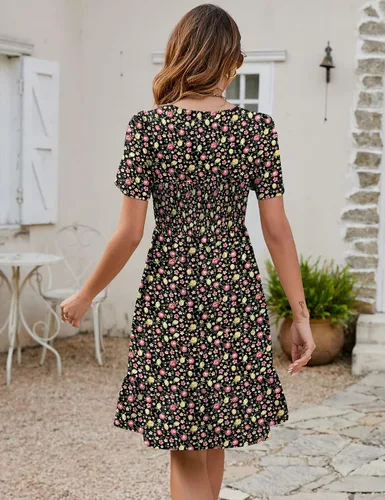 Vista 6 de Qirno Vestido corto de gasa para mujer, casual, cuello cuadrado, con vuelo, manga corta, fruncido, escalonado, acampanado, de gasa, S-XL