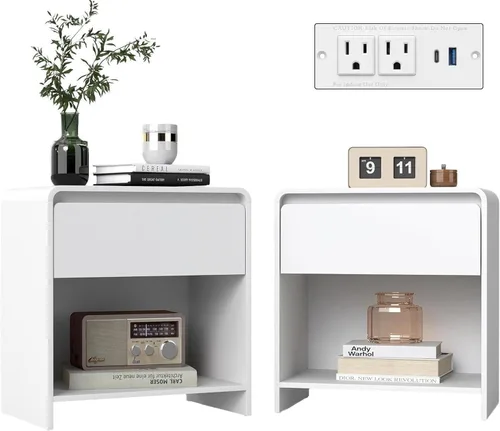 Vista 10 de Juego de 2 mesitas de noche de madera, moderna mesita de noche con diseño de rejilla, mesa auxiliar con 2 cajones de almacenamiento para sala