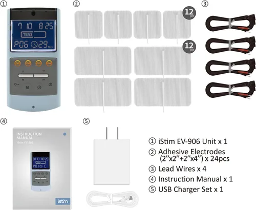 Vista 8 de iStim Estimulador muscular TENS EMS, EV-906 para alivio del dolor y fortalecimiento muscular, electrodos gelificados japoneses incluidos