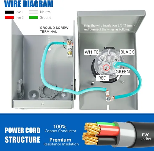 Vista 5 de Cable generador de 30 amperios y caja de entrada de alimentación, cables de generador de 15 pies de 30 amperios,Cable de alimentación de generador
