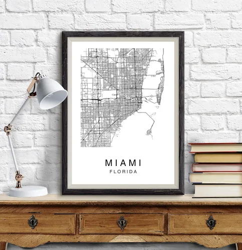 Vista 2 de Miami Map Wall Art Poster Print Florida USA City Map Street Black & White