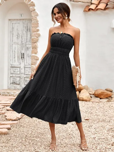 Vista 2 de Dokuritu Vestido de verano para mujer, sin tirantes, sin tirantes, para fiesta en la playa, vestido de tubo, vestido por debajo de la rodilla