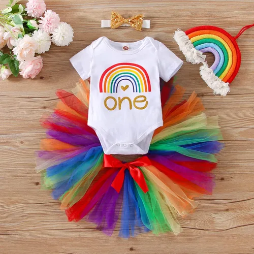 Vista 2 de Conjunto de mameluco de algodón para el primer cumpleaños para niñas con lentejuelas y lazo para la cabeza, 3 piezas