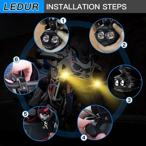 Vista 3 de LEDUR Kit de Luces Auxiliares para Motocicleta Luces LED Estroboscópicas de Conducción Antiniebla Blancas y Ámbar 6 Modos Luces Puntuales