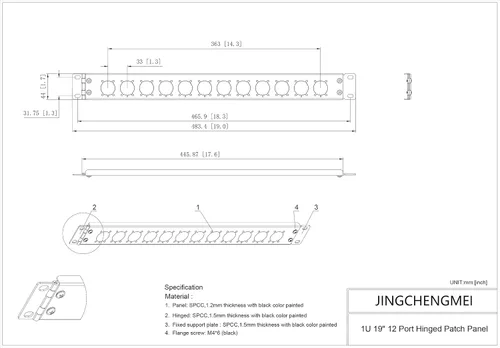 Vista 8 de Panel de conexión con bisagras de 12 puertos, pasos/orificios, conectores tipo D de 1U de 19 pulgadas para montaje en rack, audio con lado