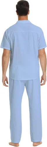 Vista 3 de RPOVIG Conjunto de camisa de lino y pantalones conjuntos de lino de 2 piezas para hombre, camisas de manga corta, pantalones de yoga, trajes