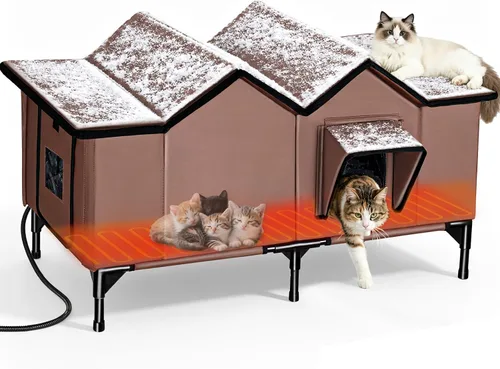 Vista 9 de Casa climatizada para gatos en invierno exterior, casa para gatos climatizada extra grande, resistente a la intemperie, cama elevada, puerta