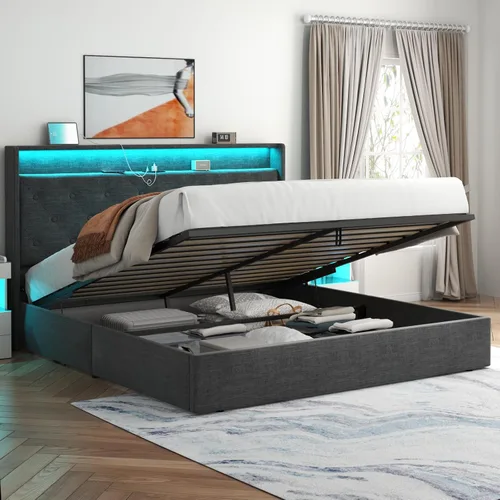 Vista 12 de Loomie Marco de Cama Queen Elevable con Estación de Carga y Luces LED, Cama Tapizada con Cabecera de Almacenamiento Capitoné con Respaldo Alto