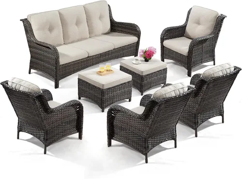 Vista 49 de Juego de 2 sillas de patio giratorias de 360 grados para exteriores y mesa auxiliar a juego – 3 sillas deslizantes de mimbre para patio con cojines