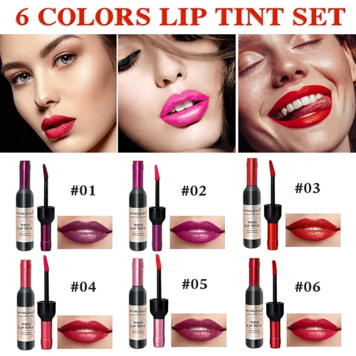 Vista 9 de Tinte labial de vino de 6 colores, lápiz labial de vino líquido, tinte de labios, mate de larga duración, juego de brillo labial impermeable