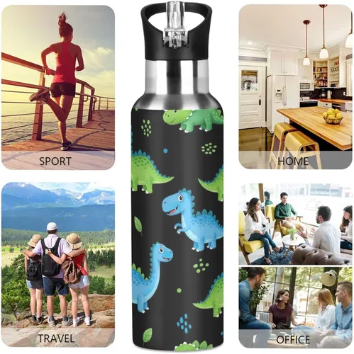 Vista 5 de Insulated Stainless Steel Water Bottle with Straw 20 Oz, Leakproof Water Bottles for Gym Outdoor Travel School, Cartoon Dinosaurs Dot Black