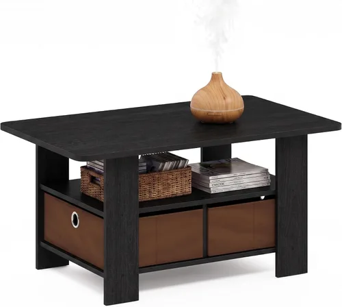Vista 8 de Furinno Andrey - Mesa de centro con cajón de contenedor, pino ámbar/negro, pequeña parte superior sin elevación Ámbar Pino/Negro