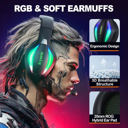 Vista 4 de Krysenix PG1 - Auriculares para juegos para PS4PS5PCXbox, Xbox One con sonido de micrófono estéreo AI, auriculares de computadora con conector