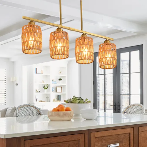 Vista 8 de Lámpara de isla de cocina de ratán, lámpara de araña rústica boho costera, lámpara colgante rústica bohemia de 4 luces para comedor, altura