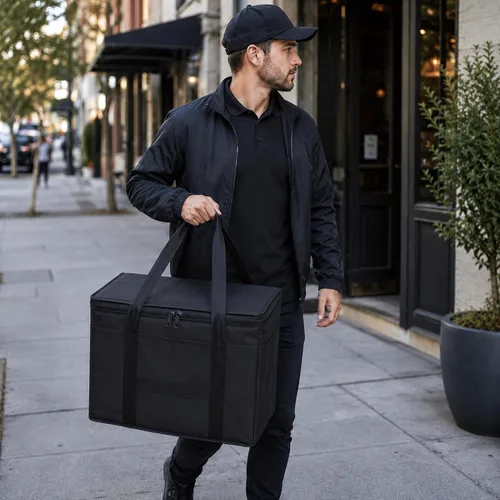 Vista 9 de APQ Supply Bolsa de entrega de alimentos aislada negra, bolsas de comestibles aisladas con cierre superior, bolsa de catering para entregas