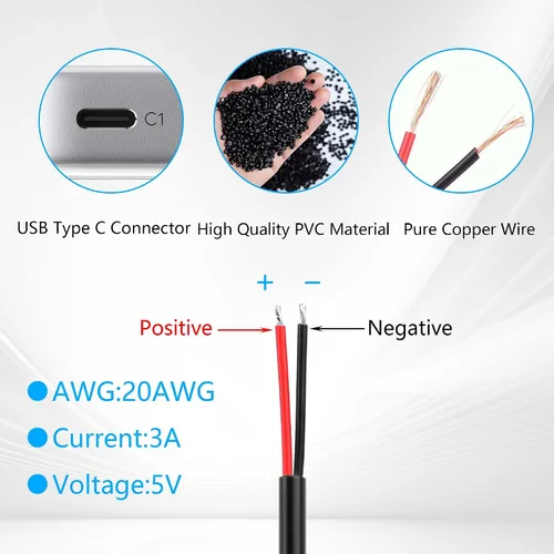Vista 5 de GINTOOYUN Cable de extensión de 2 pines USB C hembra cable de alambre desnudo 5V/3A USB tipo C hembra cable de alimentación de extremo abierto