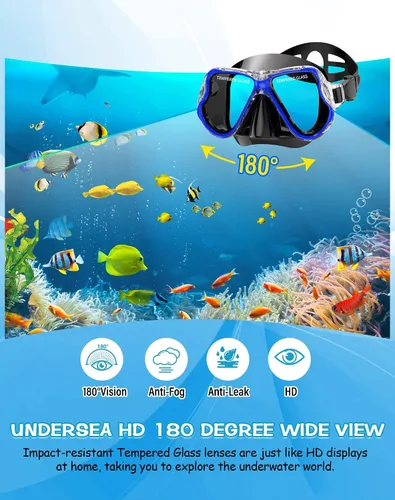 Vista 2 de Greatever Juego de esnórquel para adultos, azul, máscara, aletas, tubo, esnórquel seco, regalo ideal, máscara de buceo ajustable y aletas