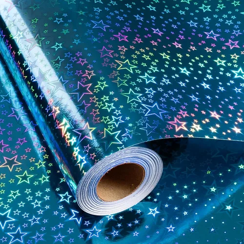 Vista 16 de Merture - Rollo de papel de regalo holográfico azul, papel de regalo azul con diseño de galaxia brillante para cumpleaños, baby shower, Navidad, día