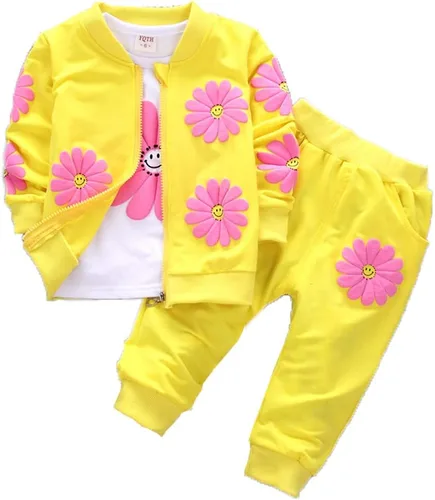 Vista 2 de Yao Conjunto de 3 piezas con estampado de flores para niñas pequeñas de 1 a 5 años, chaleco y pantalones Verde