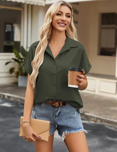 Vista 3 de Zeagoo Blusas de verano de manga corta para mujer, camisas casuales con botones, blusas de trabajo de negocios sólidas/a rayas
