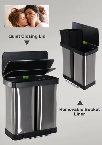 Vista 2 de Cubo de basura doble de 10 galones, contenedor de reciclaje clasificado para reciclaje de cocina y basura, cubo de basura de doble compartimento