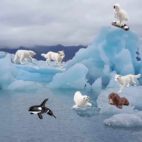 Vista 4 de OUKEYI Juego de mini figuras de animales árticos, 18 piezas de juguete para niños pequeños, reno de plástico realista, ballena blanca, oso polar